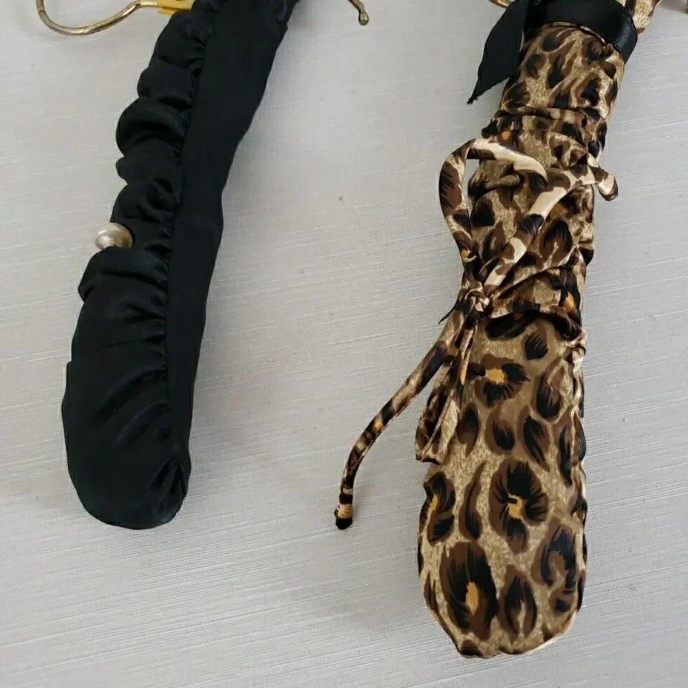 Padded Satin Fabric Covered Clothes Lingerie Hangers Brass Hook Wood Arms VTG
